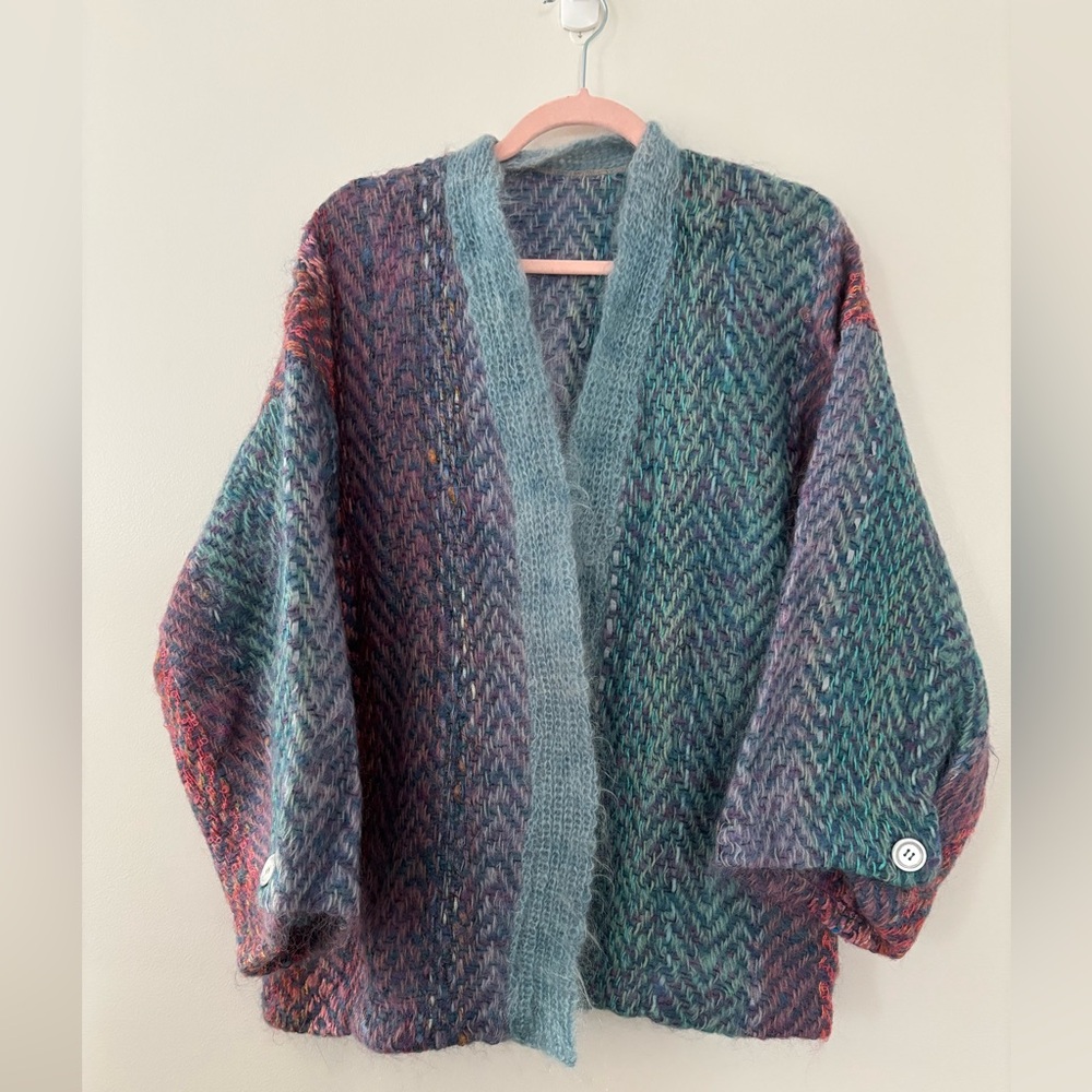 Vintage Victoria Draper Mohair Multicolor Cozy Cardigan Blue Pink